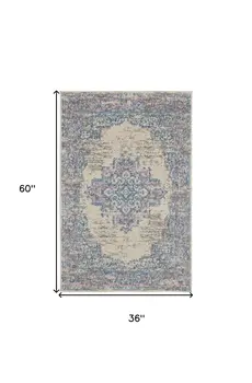3' X 5' Ivory Pink and Blue Medallion Distressed Non Skid Area Rug