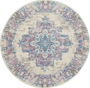 4' Ivory Pink And Blue Medallion Distressed Round Rug