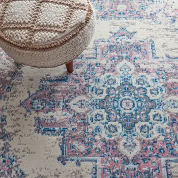 4' Ivory Pink And Blue Medallion Distressed Round Rug