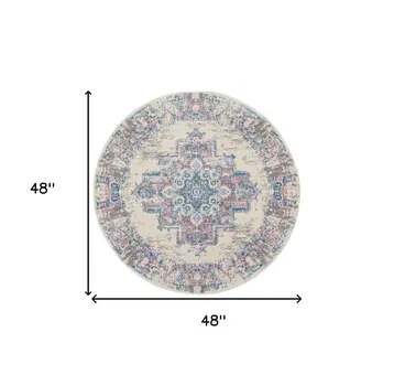 4' Ivory Pink And Blue Medallion Distressed Round Rug