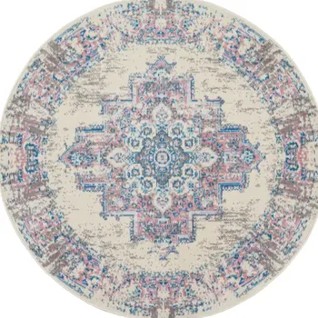 5' Ivory Pink and Blue Medallion Distressed Non Skid Round Rug