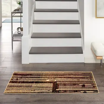 2' X 4' Tan Black and Red Striped Non Skid Area Rug