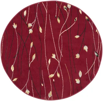 4' Red Black And Ivory Floral Vines Round Rug