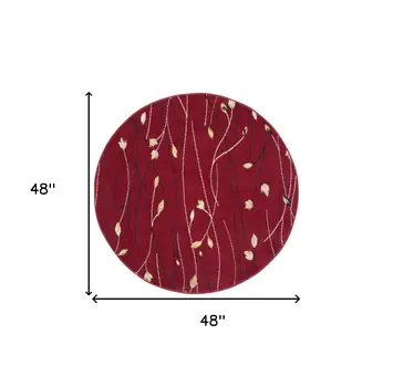 4' Red Black And Ivory Floral Vines Round Rug