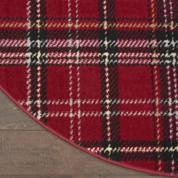 5' Red and Black Round Plaid Power Loom Area Rug