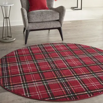 5' Red and Black Round Plaid Power Loom Area Rug