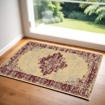 2' X 4' Cream Gray And Red Medallion Distressed Area Rug