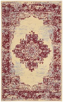 3' X 5' Cream Gray and Red Medallion Distressed Non Skid Area Rug