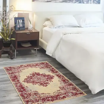 3' X 5' Cream Gray and Red Medallion Distressed Non Skid Area Rug