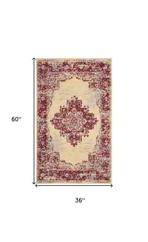 3' X 5' Cream Gray and Red Medallion Distressed Non Skid Area Rug