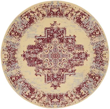 5' Cream Gray and Red Medallion Distressed Non Skid Round Rug