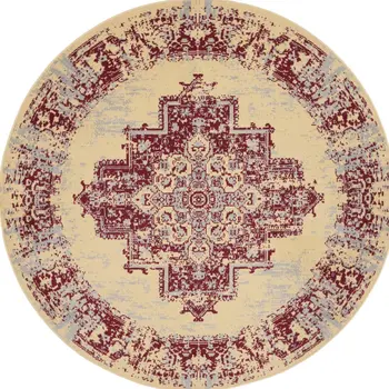 5' Cream Gray and Red Medallion Distressed Non Skid Round Rug