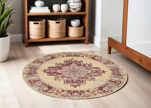 5' Cream Gray and Red Medallion Distressed Non Skid Round Rug