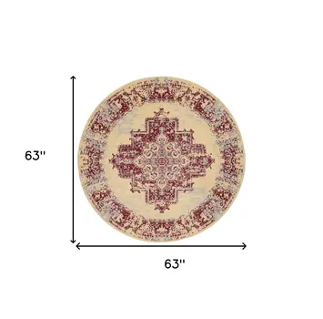 5' Cream Gray and Red Medallion Distressed Non Skid Round Rug