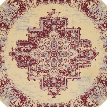 5' Cream Gray and Red Medallion Distressed Non Skid Round Rug