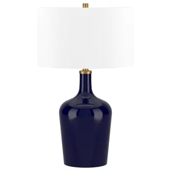 25" Blue Glass Urn Table Lamp With White Drum Shade