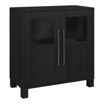 32" Black Wood And Glass Accent Cabinet With Two Doors