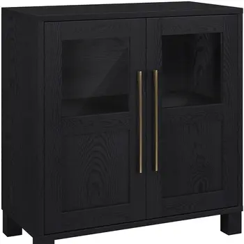 32" Black Wood And Glass Accent Cabinet With Two Doors