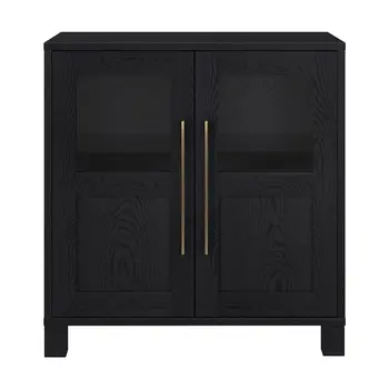 32" Black Wood And Glass Accent Cabinet With Two Doors