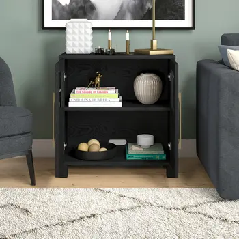 32" Black Wood And Glass Accent Cabinet With Two Doors