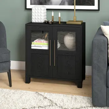 32" Black Wood And Glass Accent Cabinet With Two Doors