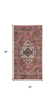 2' X 4' Beige and Red Medallion Power Loom Distressed Washable Non Skid Area Rug