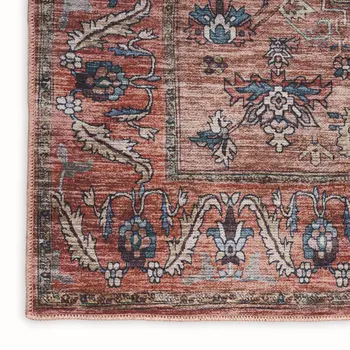 2' X 4' Beige and Red Medallion Power Loom Distressed Washable Non Skid Area Rug