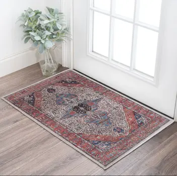 2' X 4' Red and Ivory Medallion Power Loom Distressed Washable Non Skid Area Rug