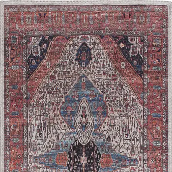 2' X 4' Red and Ivory Medallion Power Loom Distressed Washable Non Skid Area Rug