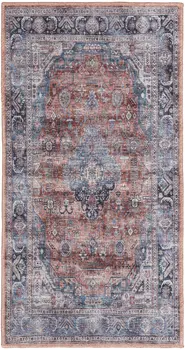 2' X 4' Blue and Red Medallion Power Loom Distressed Washable Non Skid Area Rug