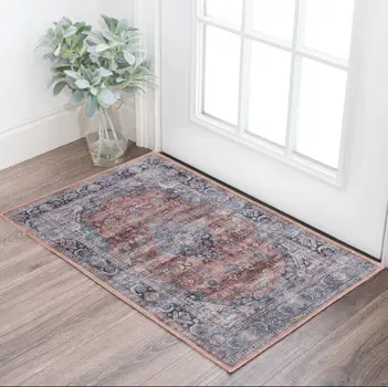 2' X 4' Blue and Red Medallion Power Loom Distressed Washable Non Skid Area Rug