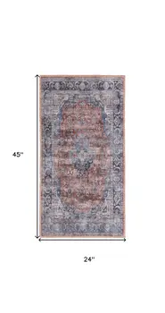 2' X 4' Blue and Red Medallion Power Loom Distressed Washable Non Skid Area Rug