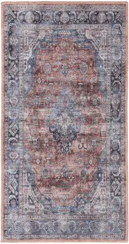 2' X 4' Blue and Red Medallion Power Loom Distressed Washable Non Skid Area Rug