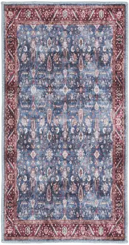 2' X 4' Blue and Red Floral Power Loom Distressed Washable Non Skid Area Rug