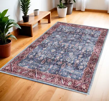 2' X 4' Blue and Red Floral Power Loom Distressed Washable Non Skid Area Rug
