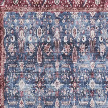 2' X 4' Blue and Red Floral Power Loom Distressed Washable Non Skid Area Rug