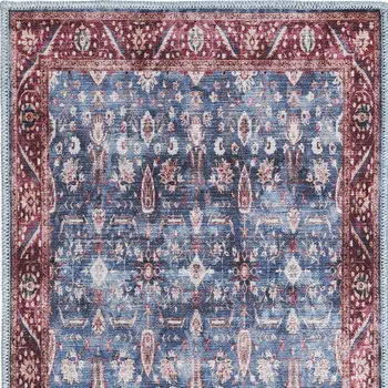 2' X 4' Blue and Red Floral Power Loom Distressed Washable Non Skid Area Rug