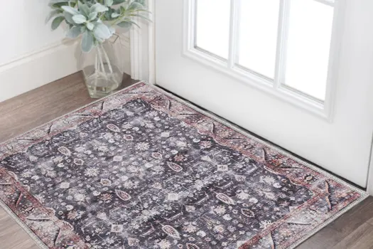 2' X 4' Blue and Ivory Floral Power Loom Distressed Washable Non Skid Area Rug