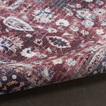 2' X 4' Red and Ivory Floral Power Loom Distressed Washable Non Skid Area Rug