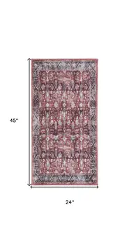 2' X 4' Red and Ivory Floral Power Loom Distressed Washable Non Skid Area Rug