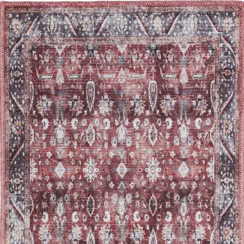 2' X 4' Red and Ivory Floral Power Loom Distressed Washable Non Skid Area Rug