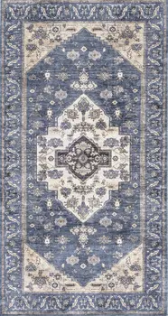 2' X 4' Blue and Ivory Medallion Power Loom Distressed Washable Non Skid Area Rug