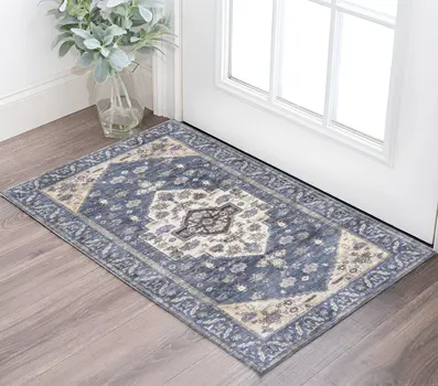 2' X 4' Blue and Ivory Medallion Power Loom Distressed Washable Non Skid Area Rug