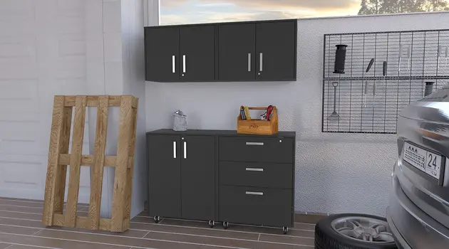 28" Black Wall mounted Accent Cabinet With Six Shelves And Three Drawers