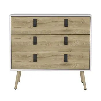 32" White and Natural Three Drawer Dresser