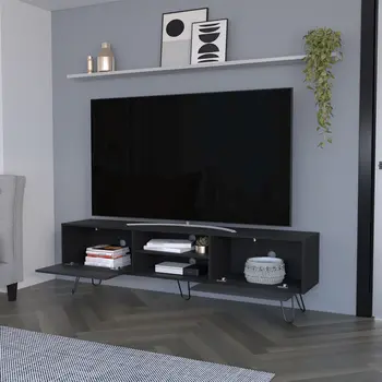 71" Black Wood Enclosed And Open Storage TV Stand