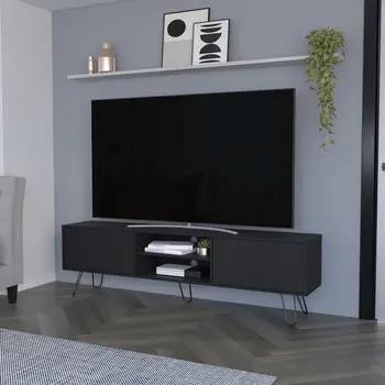 71" Black Wood Enclosed And Open Storage TV Stand