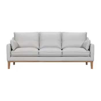 87" Gray Leather Sofa And Toss Pillows With Brown Legs