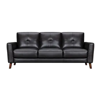 82" Black Leather Sofa With Brown Legs