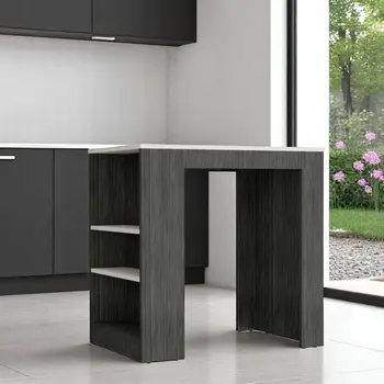 36" White and Gray Marble and Wood Kitchen Island With Storage